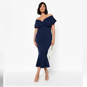 boohoo Scuba Off Shoulder Peplum Midaxi Dress Colour: Navy Sz: UK20 US16